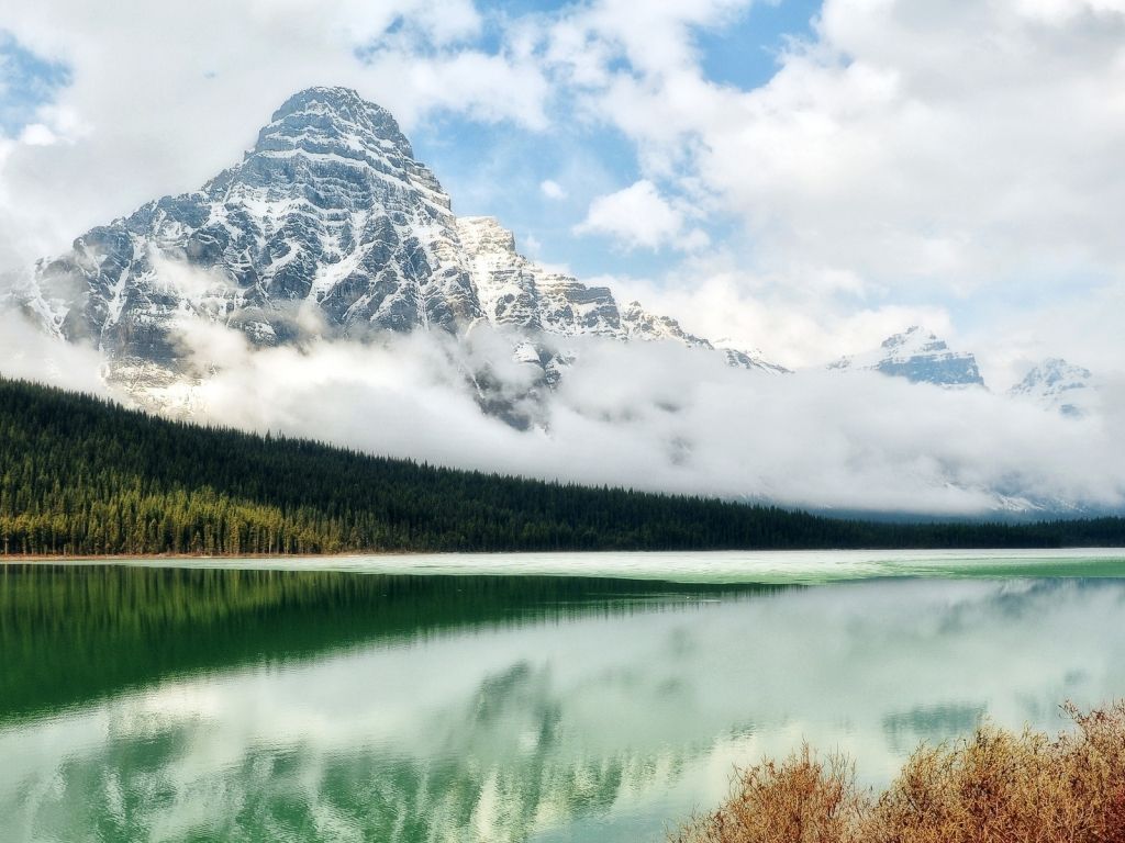 Green Lake With Snowy Mountains wallpaper