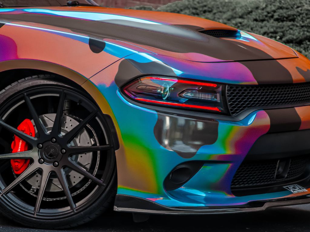 Holographic Camo Wrapped Dodge Charger Scatpack wallpaper