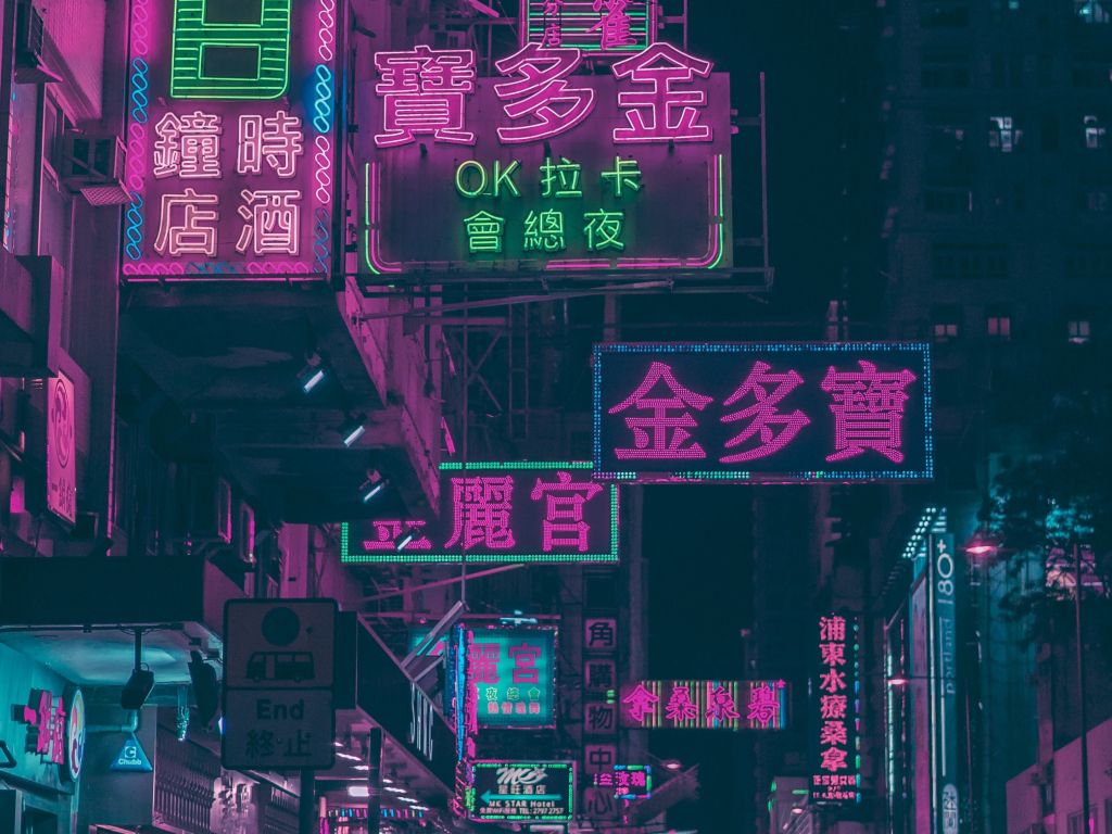 Hong Kong S Urban Night Shop Signs Neon Lights Buildings wallpaper