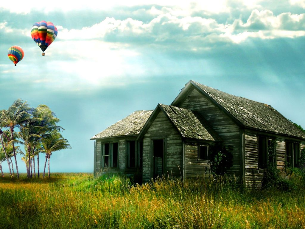 Hot Air Balloons Over an Old House wallpaper