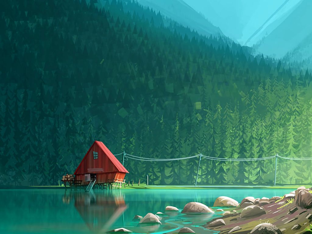 House by the Lake Drawing wallpaper