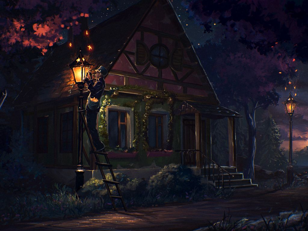 House Fairy Tale Art Light Night wallpaper