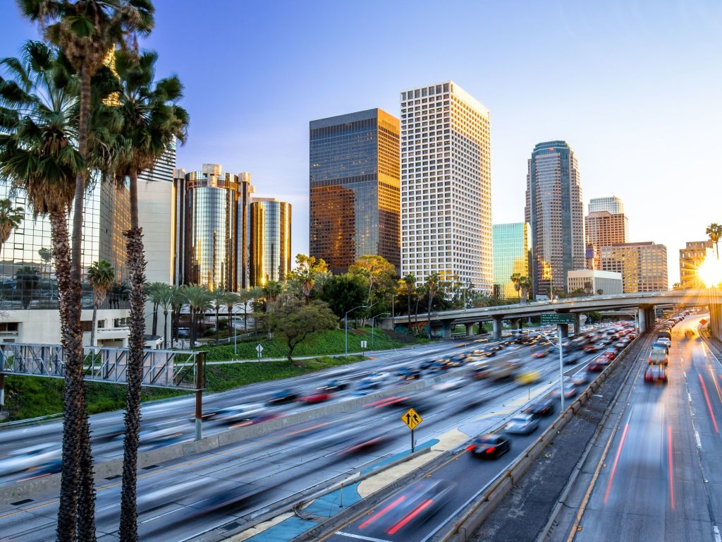 Los Angeles Downtown Buildings Skyline Highway Traffic Premium wallpaper