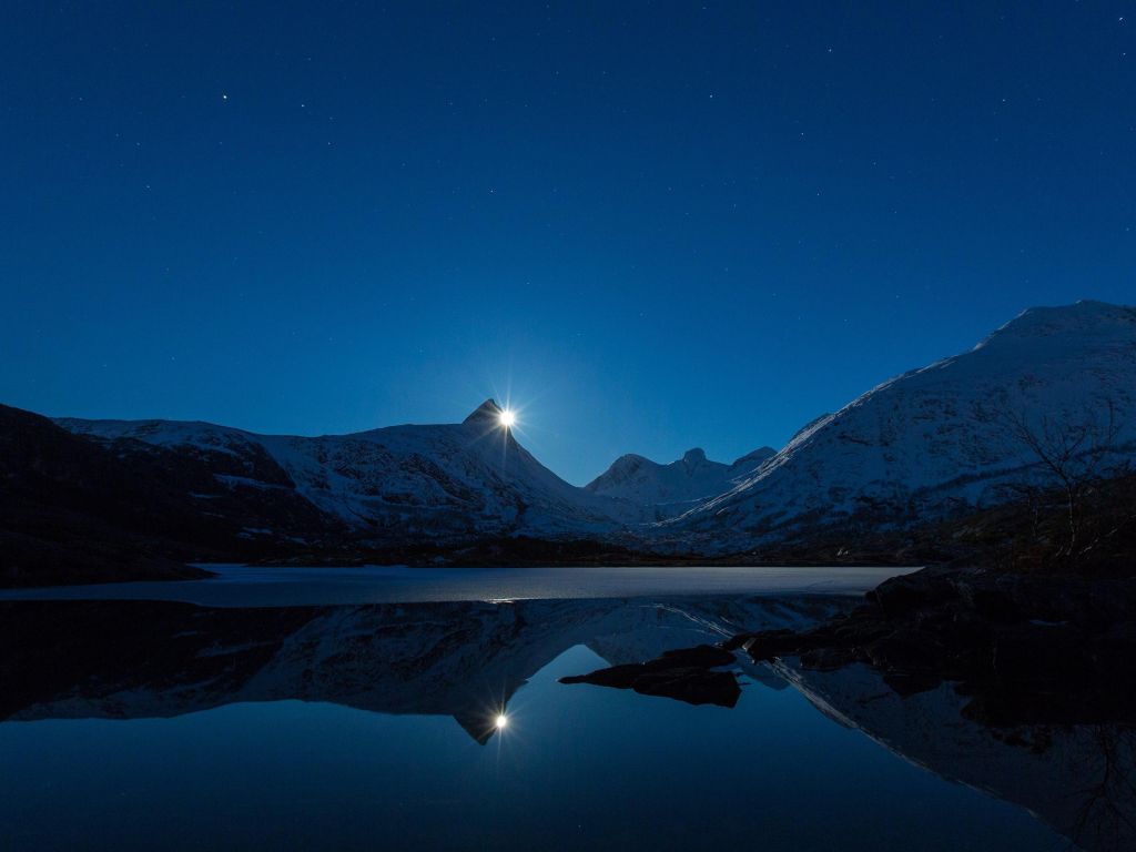 Moon Shining Over Snowy Mountain Lake wallpaper