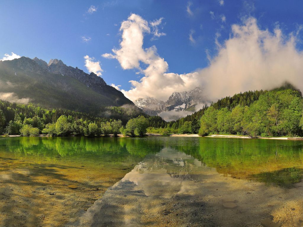 Mountain Reflection in Lake With Green Landscape wallpaper
