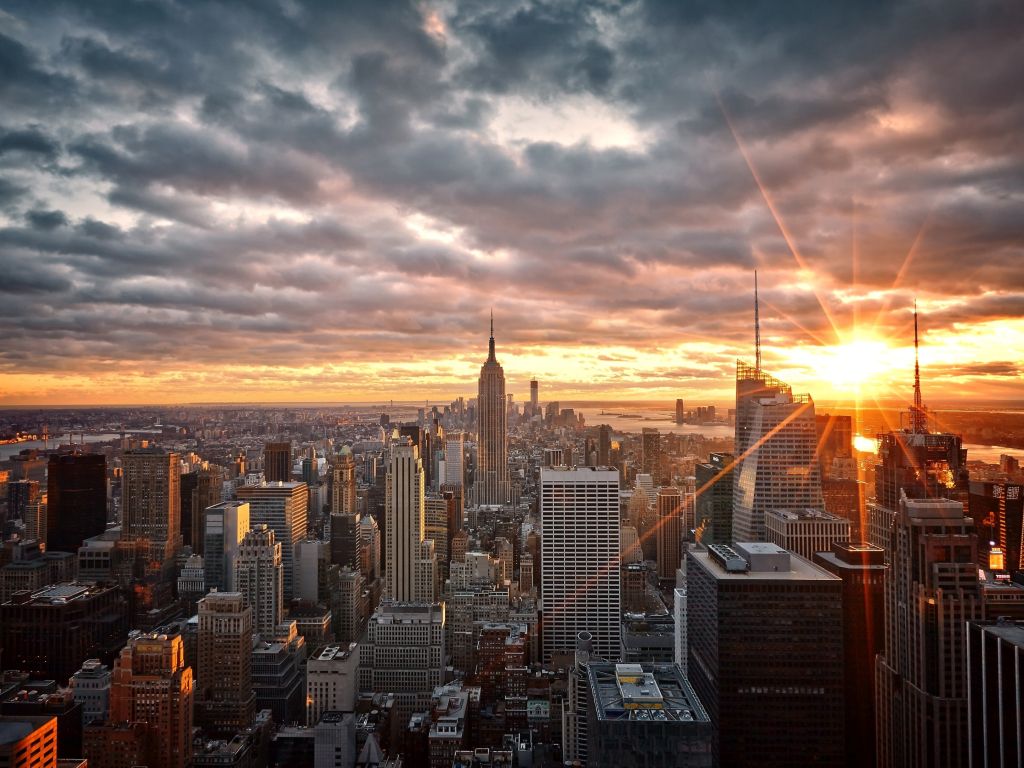 New York S Sunset Dark Clouds Buildings Cityscape wallpaper