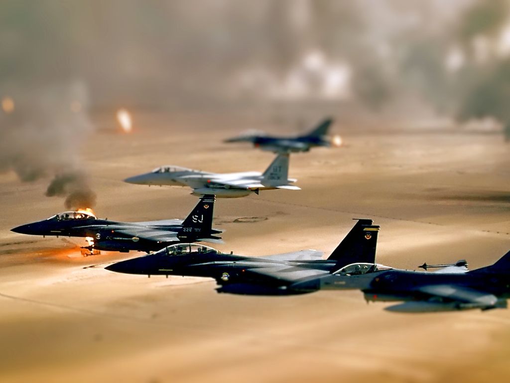 Oil Desert Smoke Fields Iraq Tilt Shift Fighter Jet Desktop wallpaper