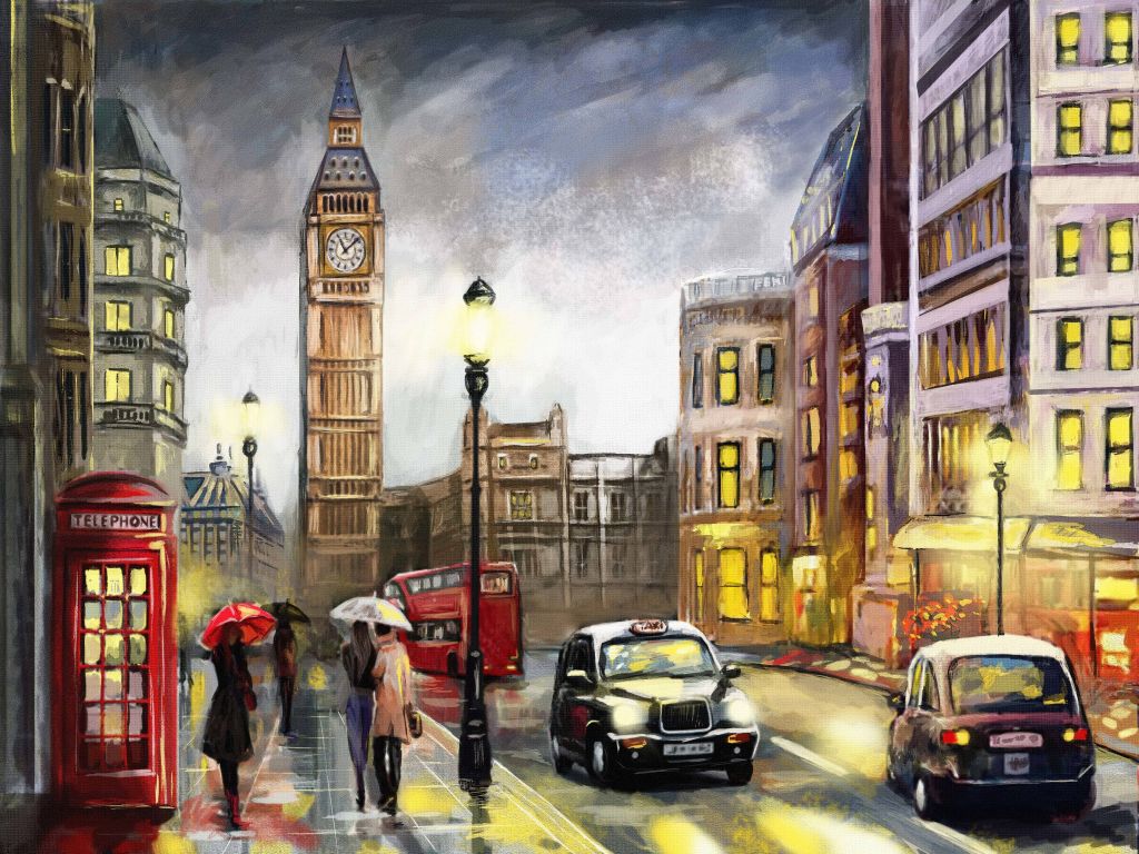 Oil Painting on Canvas Street View of London Premium wallpaper