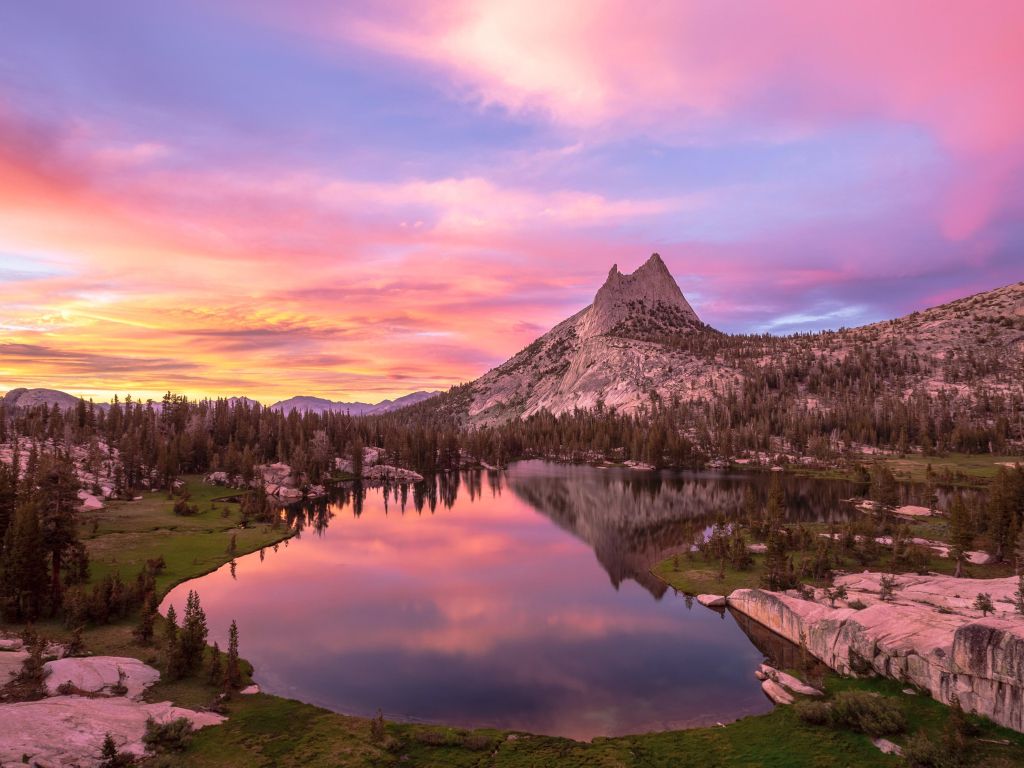 Pink Sunset at Upper Cathedral Lake Yosemite National Park wallpaper