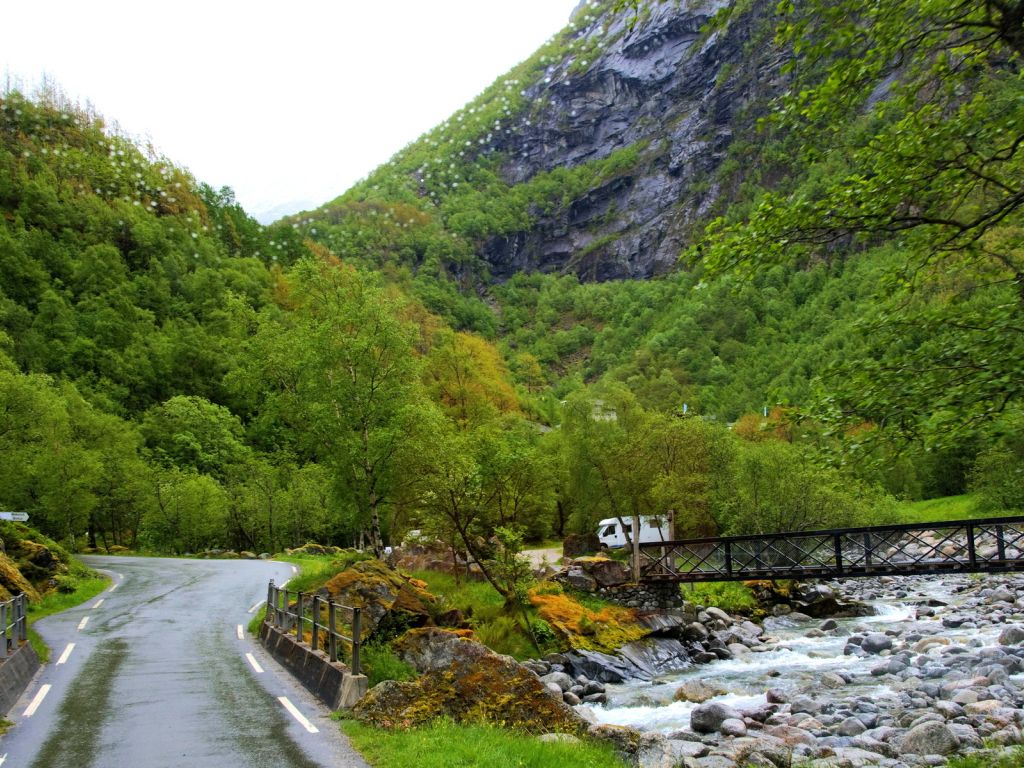 Road Between Mountains Green Landscape wallpaper