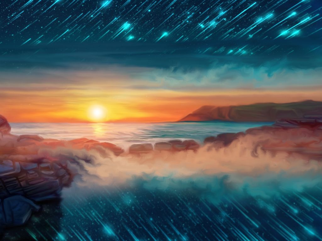 Seascape Sunset and Shooting Stars wallpaper