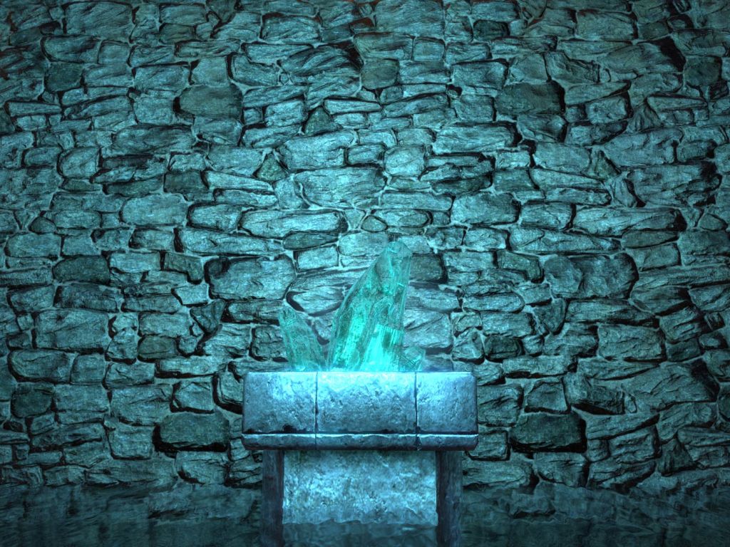 Shadowy Stone Wall and Glowing Crystal in Pool of Water wallpaper