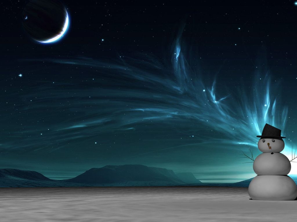 Snowman and the Northern Lights on Christmas wallpaper