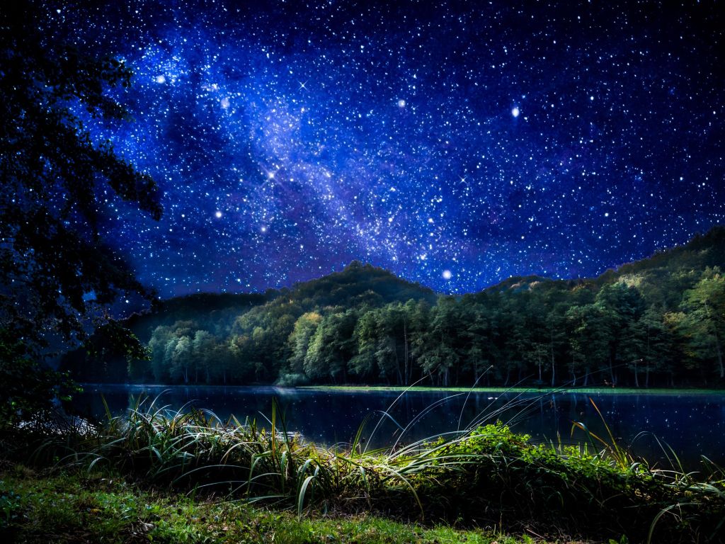 Starry Sky Over Mountain and Lake wallpaper