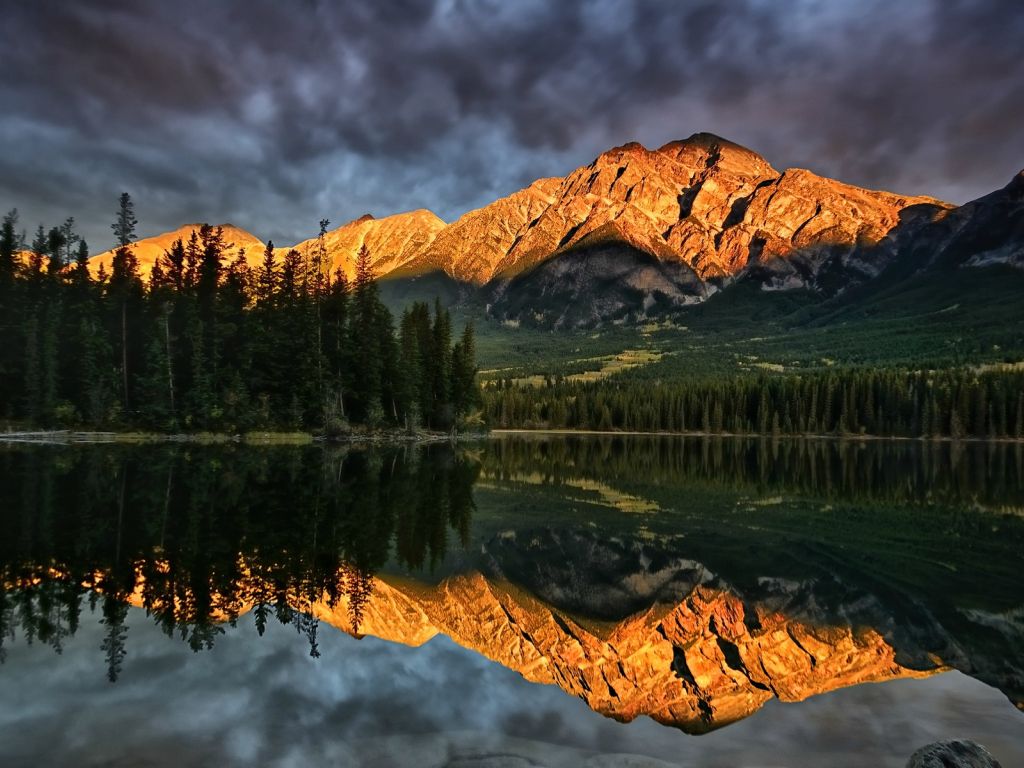 Storm Skies Over Mountains and Lake wallpaper
