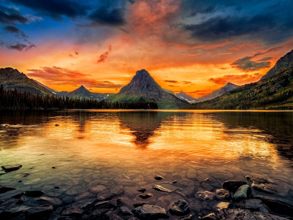 Sunset at Two Medicine Lake Glacier National Park Montana USA wallpaper
