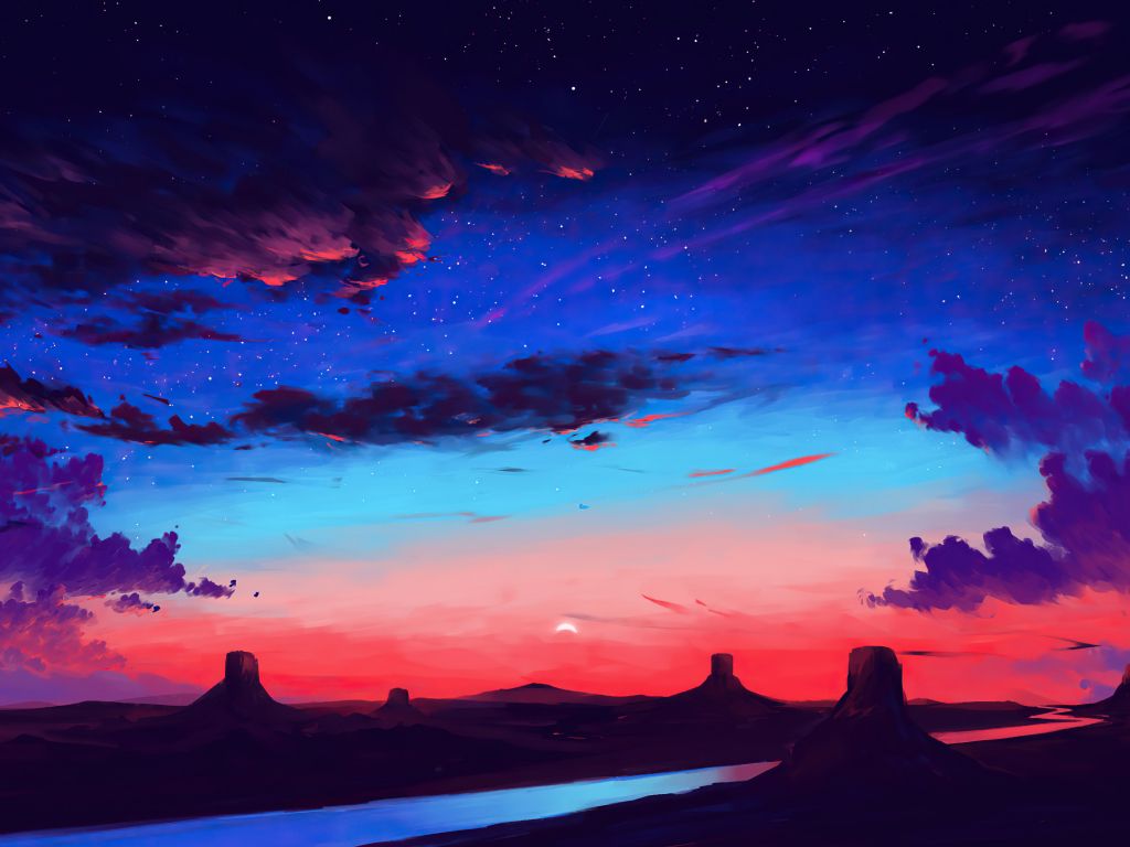 Sunset on a Desert With a Starry Sky wallpaper