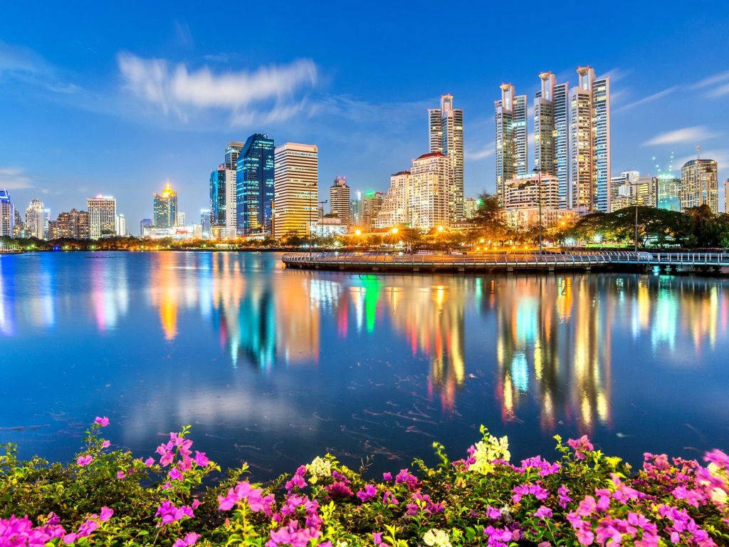 Thailand River Bank With Flowers wallpaper