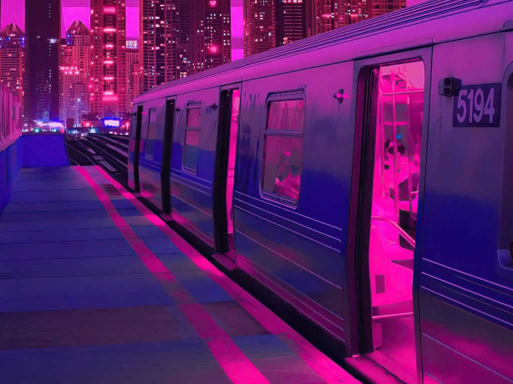 Train Neon Synthwave Buildings wallpaper