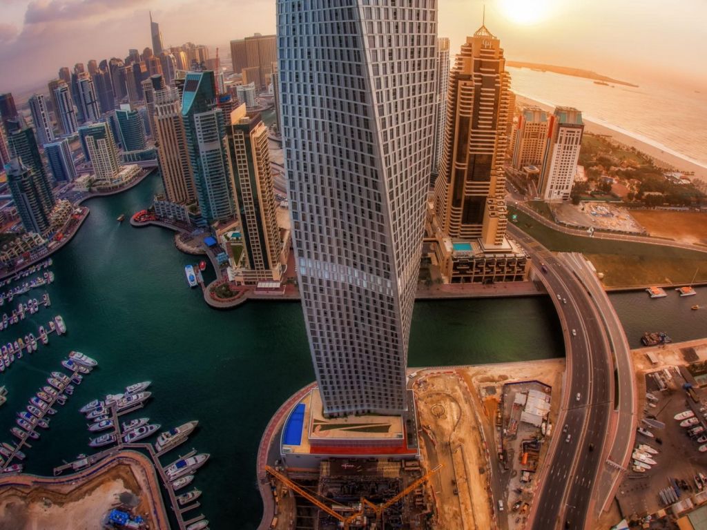 United Arab Emirates Skyscrapers Top View Sunrise City Dubai wallpaper