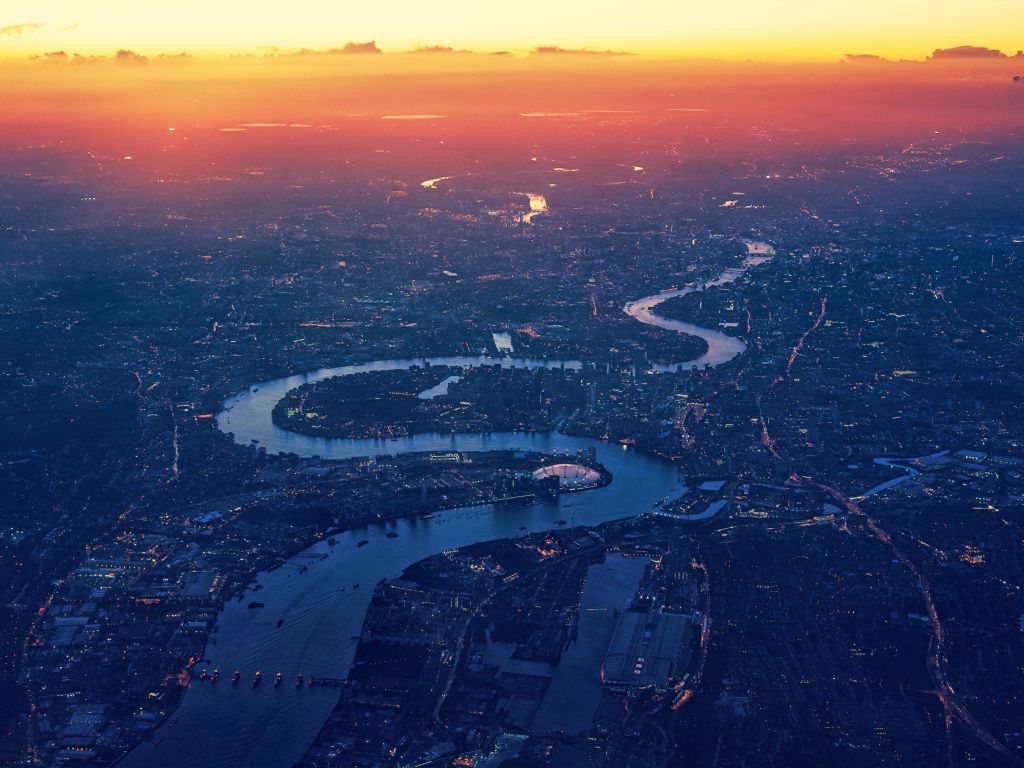 Winding River Sunset City Aerial View wallpaper