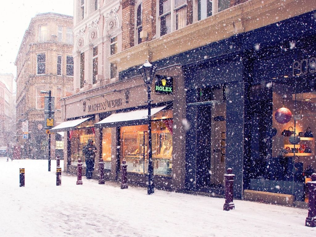 Winter Europe Street Snow Shopping wallpaper
