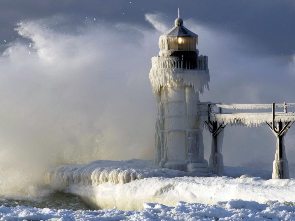 Winter Storm Whips and Crusts Lighthouse at St. Joseph Michigan wallpaper