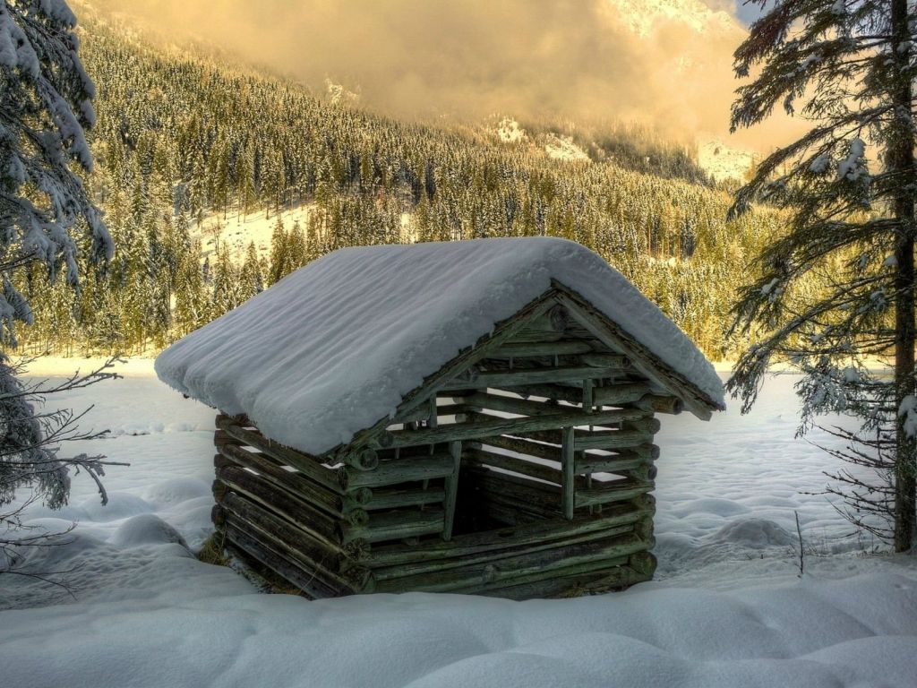 Wooden Hut in The Snowy Forest 19008 wallpaper