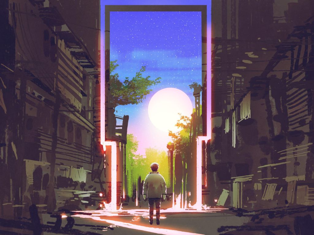 Young Boy Standing in an Abandoned City Looking at the Magic Gate wallpaper