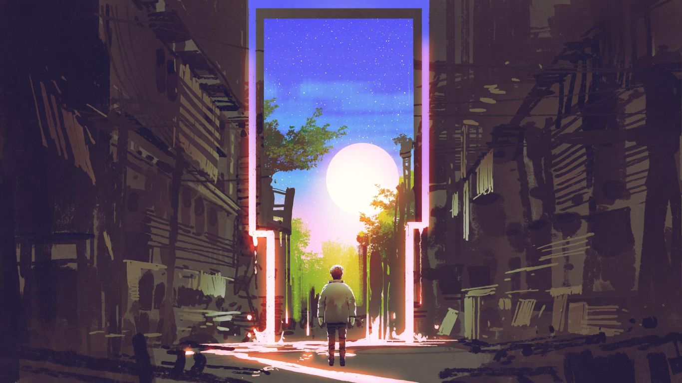 Young Boy Standing In An Abandoned City Looking At The Magic Gate Wallpaper In 1366x768 Resolution